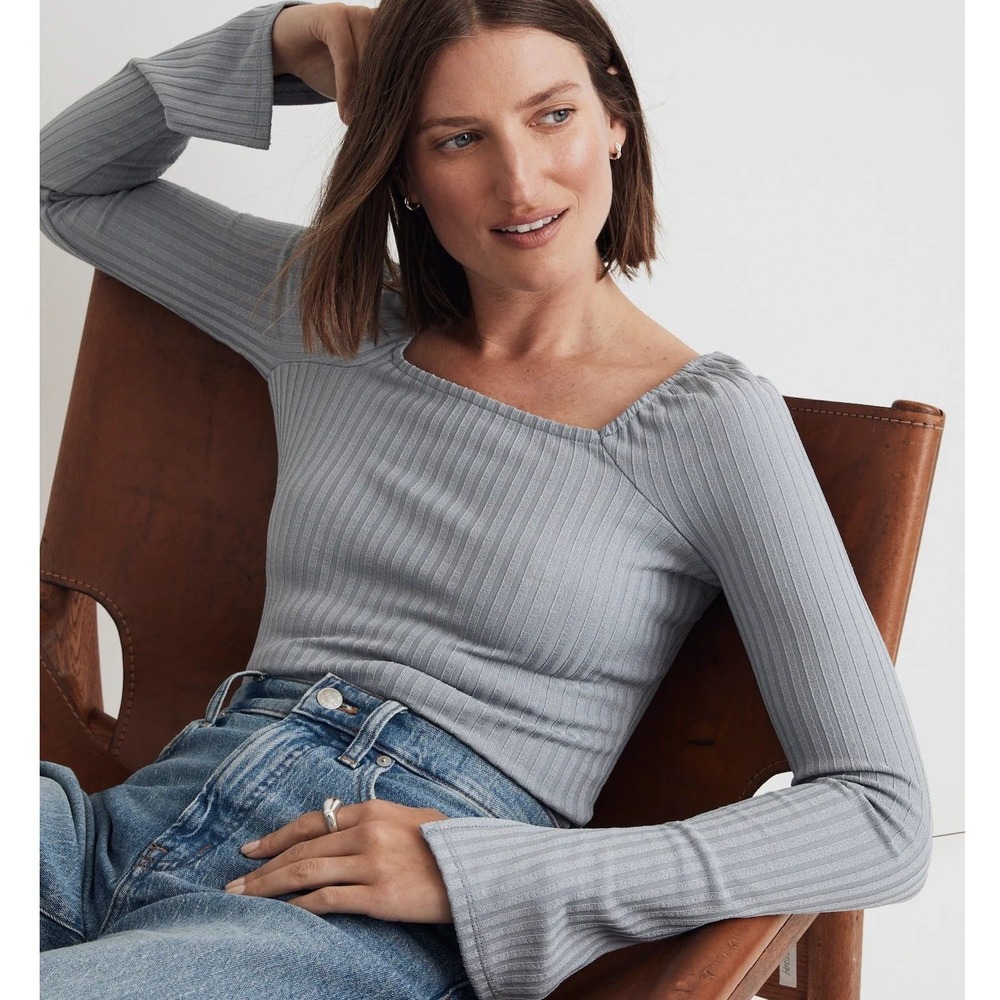 Madewell Blue Ribbed Square Neck Long Sleeve Tee Crop Size Medium